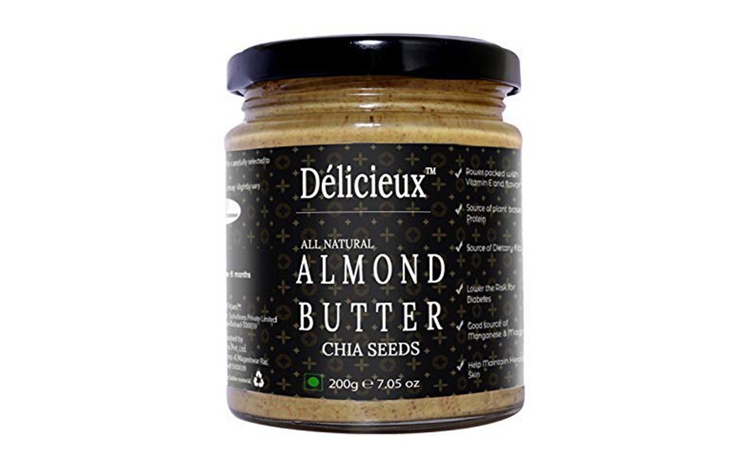Delicieux All Natural Almond Butter, Chia seeds   Glass Jar  200 grams